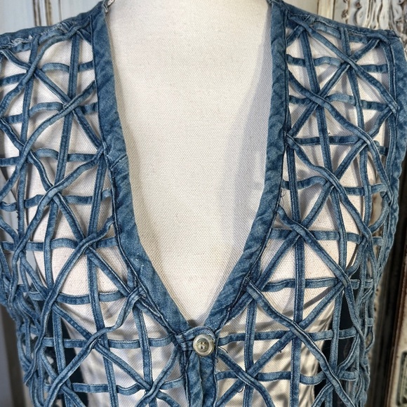 Vintage Shaver Lake Unique Blue Denim Vest with Intricate Cutouts - Picture 4 of 9